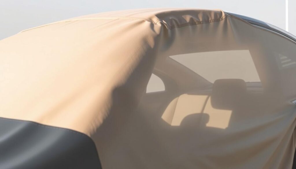 A sleek, modern UV protection cover for a parked vehicle, casting a subtle shadow over the dashboard and seats. The cover is made of durable, weather-resistant fabric in a neutral tone that blends seamlessly with the car's exterior. Precisely tailored to the vehicle's dimensions, it features reinforced edges and a taut, wrinkle-free fit. Sunlight filters through the semi-translucent material, creating a warm, diffused glow inside the car. The cover's unobtrusive design prioritizes both protection and aesthetic appeal, shielding the interior from harmful UV rays while maintaining a clean, minimalist look. A sleek, modern UV protection cover for a parked vehicle, casting a subtle shadow over the dashboard and seats. The cover is made of durable, weather-resistant fabric in a neutral tone that blends seamlessly with the car's exterior. Precisely tailored to the vehicle's dimensions, it features reinforced edges and a taut, wrinkle-free fit. Sunlight filters through the semi-translucent material, creating a warm, diffused glow inside the car. The cover's unobtrusive design prioritizes both protection and aesthetic appeal, shielding the interior from harmful UV rays while maintaining a clean, minimalist look.