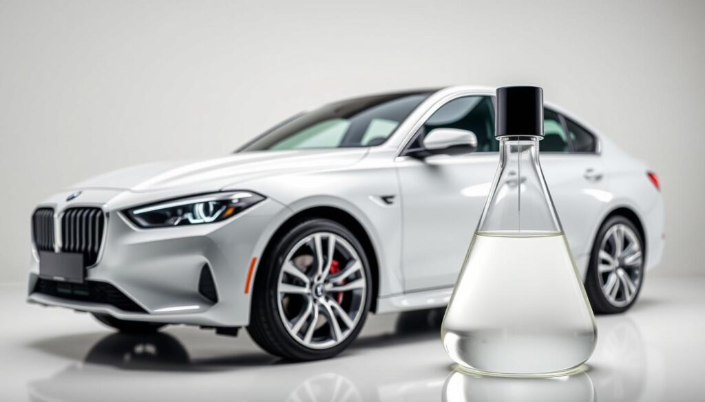 A sleek, modern car parked in a well-lit, minimalist studio setting. The vehicle's exterior showcases a lustrous, glossy finish, with a nano-tech paint sealant coating reflecting the studio's soft, diffused lighting. The paint appears perfectly smooth, without any visible imperfections or scratches. In the foreground, a glass beaker or bottle containing the nano-tech sealant product is prominently displayed, emphasizing the advanced technology behind the paint protection. The background is a simple, clean white or gray backdrop, allowing the car and the sealant product to be the focal points of the image. A sleek, modern car parked in a well-lit, minimalist studio setting. The vehicle's exterior showcases a lustrous, glossy finish, with a nano-tech paint sealant coating reflecting the studio's soft, diffused lighting. The paint appears perfectly smooth, without any visible imperfections or scratches. In the foreground, a glass beaker or bottle containing the nano-tech sealant product is prominently displayed, emphasizing the advanced technology behind the paint protection. The background is a simple, clean white or gray backdrop, allowing the car and the sealant product to be the focal points of the image.