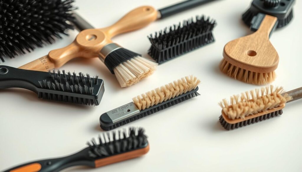 A still life composition of various car detailing brushes arranged on a clean, light-colored surface. The brushes should be in focus, with a soft, diffused lighting that enhances their textures and materials. Include a range of brush sizes and shapes, such as angled brushes, detail brushes, and wheel brushes, to showcase the diversity of tools used in car detailing. Capture the brushes from a slightly elevated angle, creating a sense of depth and emphasizing their practical yet aesthetically pleasing design. The overall atmosphere should convey a sense of professionalism, attention to detail, and the importance of using the right tools for effective car detailing. A still life composition of various car detailing brushes arranged on a clean, light-colored surface. The brushes should be in focus, with a soft, diffused lighting that enhances their textures and materials. Include a range of brush sizes and shapes, such as angled brushes, detail brushes, and wheel brushes, to showcase the diversity of tools used in car detailing. Capture the brushes from a slightly elevated angle, creating a sense of depth and emphasizing their practical yet aesthetically pleasing design. The overall atmosphere should convey a sense of professionalism, attention to detail, and the importance of using the right tools for effective car detailing.