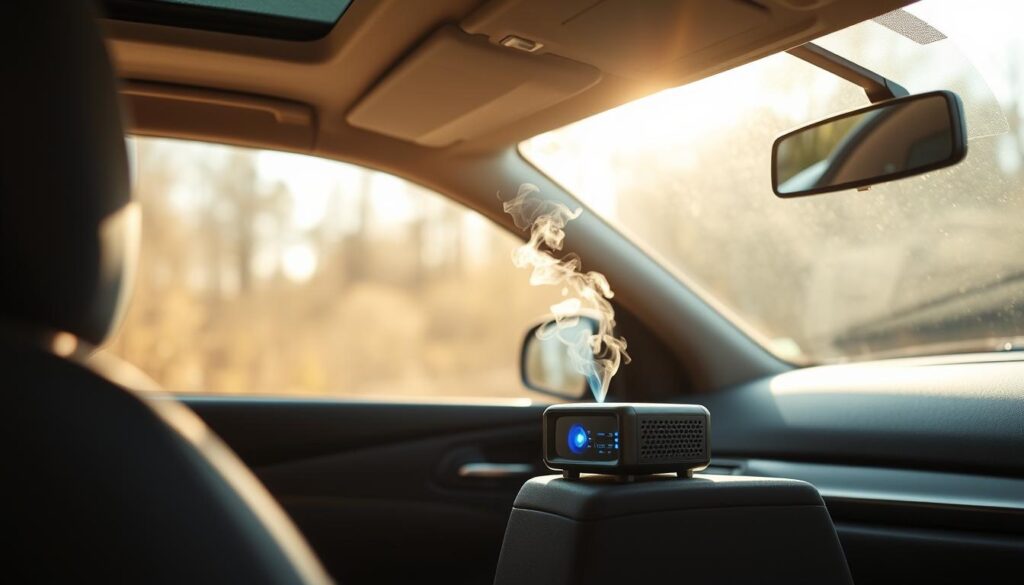 A sun-dappled car interior, the dashboard and seats in soft focus. In the foreground, an open window invites a gentle breeze, scattering the lingering scent of stale cigarette smoke. A small ozone generator sits on the center console, its blue light pulsing as it purifies the air, erasing the unpleasant odor. The car's surfaces have a clean, freshened appearance, hinting at the device's effectiveness. Warm, natural lighting filters through the windshield, conveying a sense of renewal and rejuvenation. The overall mood is one of resolution and relief, suggesting the ozone fogger's ability to resolve common vehicle odor problems. A sun-dappled car interior, the dashboard and seats in soft focus. In the foreground, an open window invites a gentle breeze, scattering the lingering scent of stale cigarette smoke. A small ozone generator sits on the center console, its blue light pulsing as it purifies the air, erasing the unpleasant odor. The car's surfaces have a clean, freshened appearance, hinting at the device's effectiveness. Warm, natural lighting filters through the windshield, conveying a sense of renewal and rejuvenation. The overall mood is one of resolution and relief, suggesting the ozone fogger's ability to resolve common vehicle odor problems.