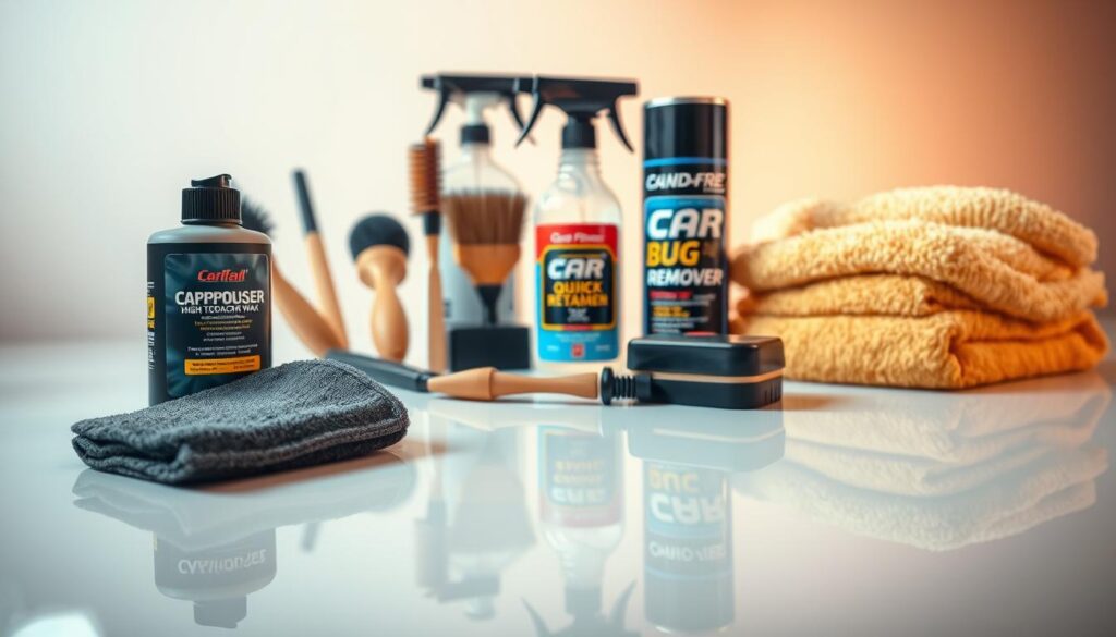 A well-lit, close-up shot of an assortment of premium car waxing supplies laid out on a clean, reflective surface. In the foreground, a high-quality microfiber cloth, a foam applicator pad, and a bottle of high-gloss car wax with a soft, matte finish. In the middle ground, a selection of specialty brushes for reaching tight spaces, and a spray bottle of a quick detailing solution. In the background, a can of tar and bug remover, a clay bar kit, and a pair of plush, lint-free towels. The lighting is soft and diffused, creating a warm, inviting atmosphere that emphasizes the quality and attention to detail of these essential car detailing tools. A well-lit, close-up shot of an assortment of premium car waxing supplies laid out on a clean, reflective surface. In the foreground, a high-quality microfiber cloth, a foam applicator pad, and a bottle of high-gloss car wax with a soft, matte finish. In the middle ground, a selection of specialty brushes for reaching tight spaces, and a spray bottle of a quick detailing solution. In the background, a can of tar and bug remover, a clay bar kit, and a pair of plush, lint-free towels. The lighting is soft and diffused, creating a warm, inviting atmosphere that emphasizes the quality and attention to detail of these essential car detailing tools.