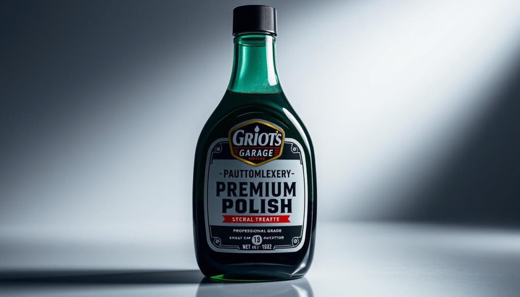 A well-lit, detailed close-up of a shiny glass bottle of Griot's Garage Premium Polish, showcasing its sleek design and premium branding. The bottle is positioned in the center of the frame, with a soft, diffused lighting creating highlights and shadows that accentuate the product's texture and finish. The background is a simple, neutral color that allows the product to be the focal point. The overall mood is one of high-quality, professional-grade automotive care products. A well-lit, detailed close-up of a shiny glass bottle of Griot's Garage Premium Polish, showcasing its sleek design and premium branding. The bottle is positioned in the center of the frame, with a soft, diffused lighting creating highlights and shadows that accentuate the product's texture and finish. The background is a simple, neutral color that allows the product to be the focal point. The overall mood is one of high-quality, professional-grade automotive care products.