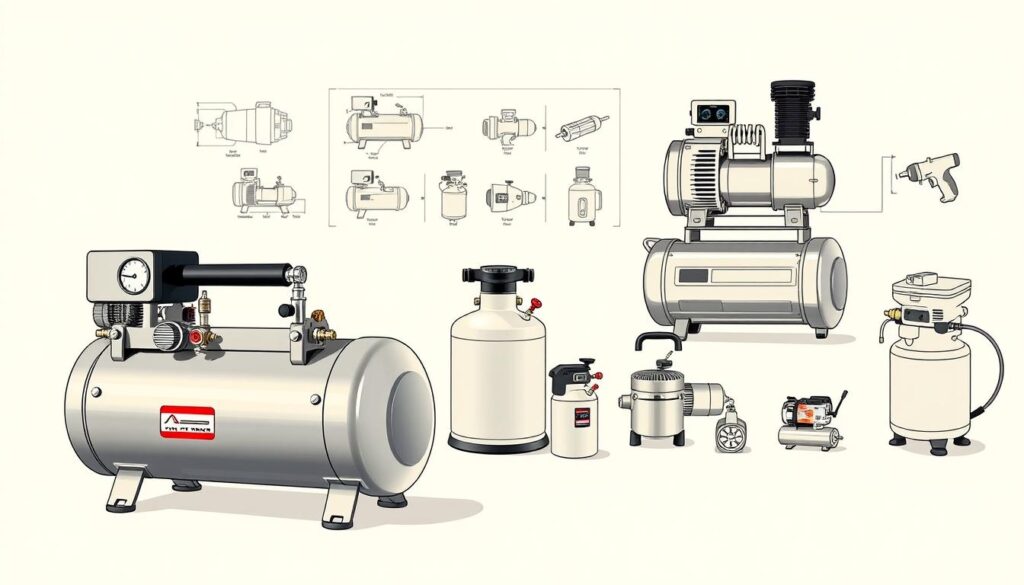 A well-lit, detailed illustration showcasing a variety of air compressors against a clean, neutral background. Prominent in the foreground, a large industrial-grade air compressor with a metallic finish, various dials, and intricate components. In the middle ground, a selection of smaller, portable air compressors in different shapes and sizes, including pancake, twin-stack, and cordless models. In the background, a minimalist arrangement of technical diagrams and cross-sections highlighting the inner workings and key features of air compressors. The overall composition conveys a sense of technical precision and educational intent, suitable for illustrating the basics of air compressors and their role in automotive detailing. A well-lit, detailed illustration showcasing a variety of air compressors against a clean, neutral background. Prominent in the foreground, a large industrial-grade air compressor with a metallic finish, various dials, and intricate components. In the middle ground, a selection of smaller, portable air compressors in different shapes and sizes, including pancake, twin-stack, and cordless models. In the background, a minimalist arrangement of technical diagrams and cross-sections highlighting the inner workings and key features of air compressors. The overall composition conveys a sense of technical precision and educational intent, suitable for illustrating the basics of air compressors and their role in automotive detailing.