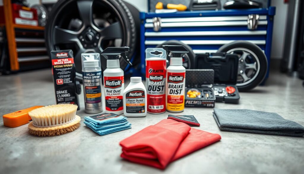 A well-lit, high-angle close-up shot of an assortment of brake dust removal products arranged on a clean, light-colored surface. The foreground features a selection of specialized wheel cleaning brushes, microfiber cloths, and spray-on brake dust removers in various packaging. The middle ground showcases a couple of premium-quality wheel cleaning kits, with their contents neatly displayed. In the background, a blurred but recognizable mechanic's toolbox hints at the professional-grade nature of these products. The overall mood is one of efficiency, attention to detail, and a commitment to maintaining the pristine appearance of high-performance vehicle wheels. A well-lit, high-angle close-up shot of an assortment of brake dust removal products arranged on a clean, light-colored surface. The foreground features a selection of specialized wheel cleaning brushes, microfiber cloths, and spray-on brake dust removers in various packaging. The middle ground showcases a couple of premium-quality wheel cleaning kits, with their contents neatly displayed. In the background, a blurred but recognizable mechanic's toolbox hints at the professional-grade nature of these products. The overall mood is one of efficiency, attention to detail, and a commitment to maintaining the pristine appearance of high-performance vehicle wheels.