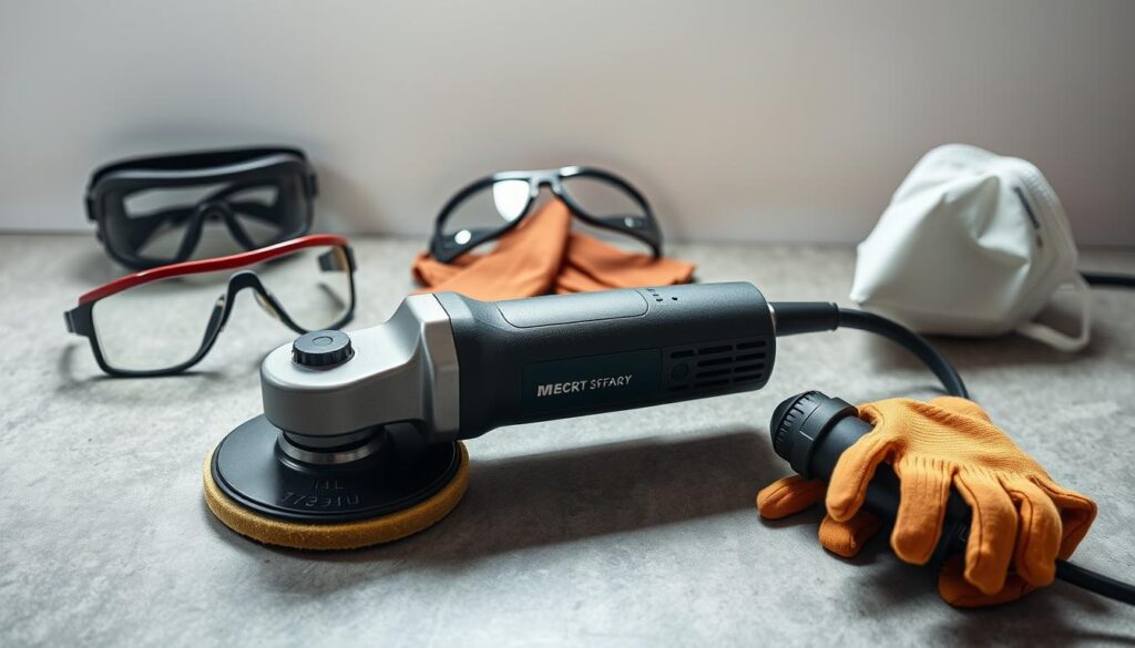 A well-lit, high-angle view of a dual-action polisher resting on a workbench, surrounded by essential safety gear such as safety goggles, protective gloves, and a dust mask. The polisher is showcased in the foreground, with a clean, minimalist background that emphasizes its features. Soft, directional lighting casts subtle shadows, highlighting the polisher's form and the importance of using it safely. The overall mood is one of professionalism and attention to detail, guiding the viewer towards a comprehensive understanding of the necessary safety precautions. A well-lit, high-angle view of a dual-action polisher resting on a workbench, surrounded by essential safety gear such as safety goggles, protective gloves, and a dust mask. The polisher is showcased in the foreground, with a clean, minimalist background that emphasizes its features. Soft, directional lighting casts subtle shadows, highlighting the polisher's form and the importance of using it safely. The overall mood is one of professionalism and attention to detail, guiding the viewer towards a comprehensive understanding of the necessary safety precautions.
