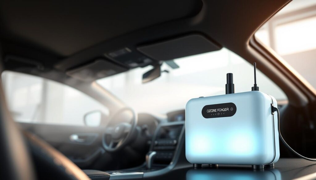 A well-lit, high-resolution image of an ozone fogger for car interior odor removal. The device is prominently displayed in the foreground, its sleek and modern design highlighted by soft, diffused lighting. The fogger's control panel and output nozzle are clearly visible, conveying its technical functionality. In the middle ground, the car's interior is visible, with the fogger positioned near the dashboard or center console. The background subtly suggests a clean, minimalist garage or workshop setting, emphasizing the device's purpose of freshening and deodorizing the vehicle. The overall mood is one of efficiency, innovation, and a commitment to maintaining a clean and pleasant car environment. A well-lit, high-resolution image of an ozone fogger for car interior odor removal. The device is prominently displayed in the foreground, its sleek and modern design highlighted by soft, diffused lighting. The fogger's control panel and output nozzle are clearly visible, conveying its technical functionality. In the middle ground, the car's interior is visible, with the fogger positioned near the dashboard or center console. The background subtly suggests a clean, minimalist garage or workshop setting, emphasizing the device's purpose of freshening and deodorizing the vehicle. The overall mood is one of efficiency, innovation, and a commitment to maintaining a clean and pleasant car environment.