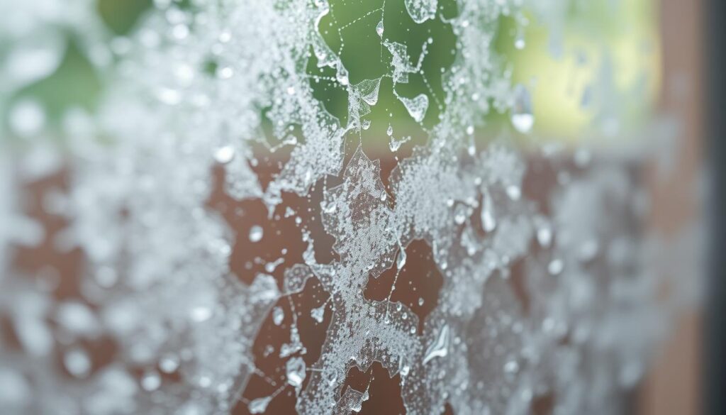 Close-up view of hard water stains on a glass surface, captured with a macro lens in soft, diffused natural lighting. The stains appear as a pattern of white, chalky deposits, creating a hazy, clouded effect on the otherwise clear glass. The foreground is in sharp focus, while the background is gently blurred, emphasizing the textural details of the stains. The overall mood is one of a problem to be solved, inviting the viewer to consider effective solutions for removing these stubborn water marks. Close-up view of hard water stains on a glass surface, captured with a macro lens in soft, diffused natural lighting. The stains appear as a pattern of white, chalky deposits, creating a hazy, clouded effect on the otherwise clear glass. The foreground is in sharp focus, while the background is gently blurred, emphasizing the textural details of the stains. The overall mood is one of a problem to be solved, inviting the viewer to consider effective solutions for removing these stubborn water marks.